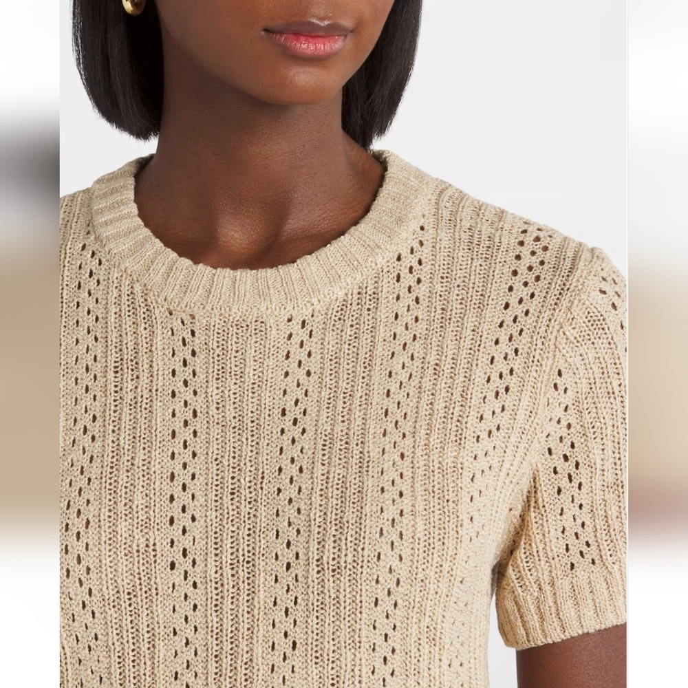 Bobeau- Short Sleeve Crochet Beige Sweater